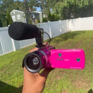Rare Pink HD 16 MP camcorder with Microphone, 32 GB sd card and Fish eye Lens